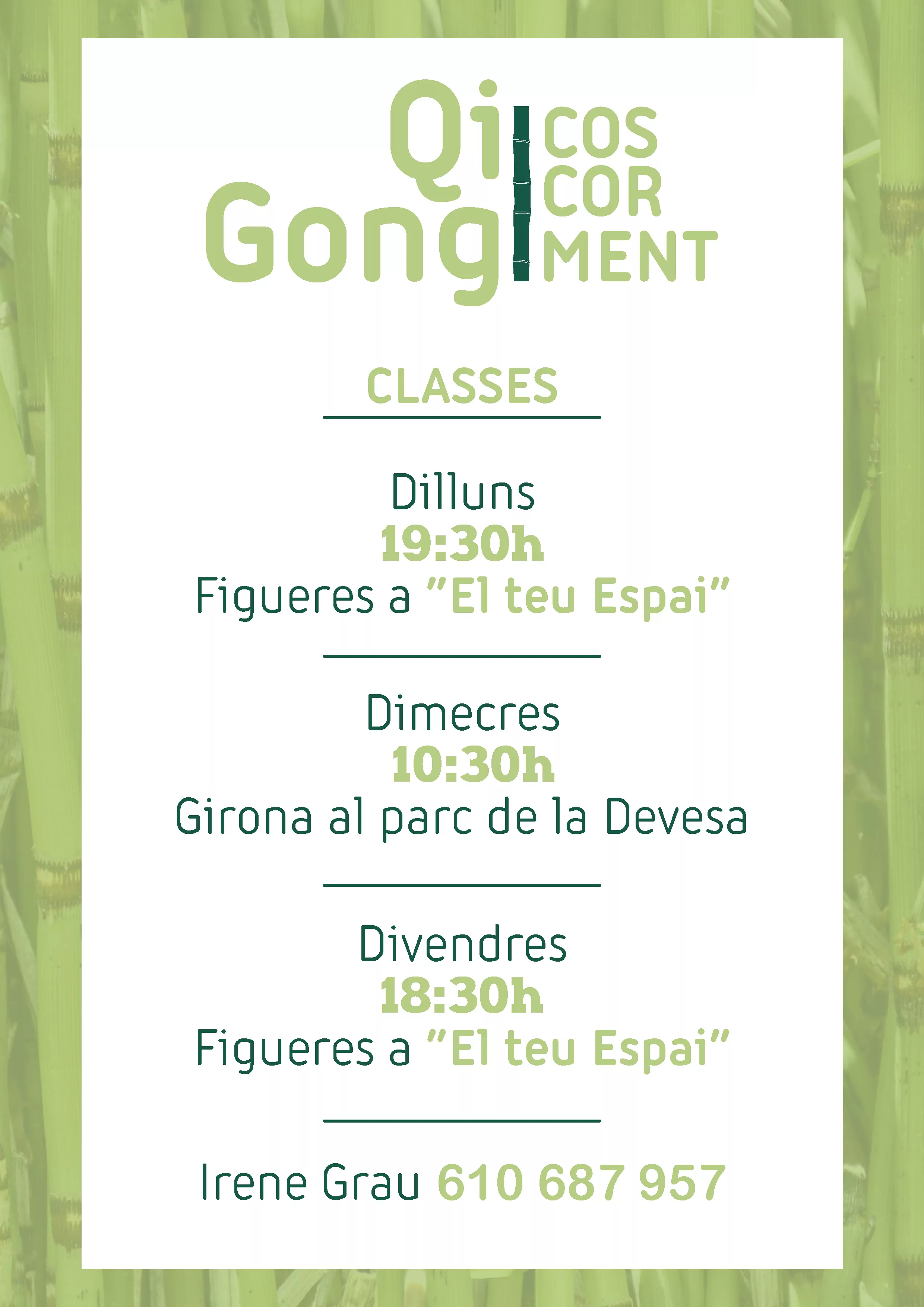 Cartel informativo sobre clases de Qi Gong en Figueres y Girona, con horarios y contacto